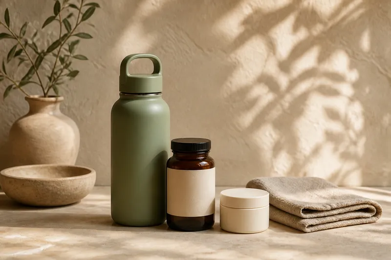 Illustrative still life of a reusable water bottle, an unbranded supplement bottle and a self-care jar with a linen cloth; not actual clinic products.